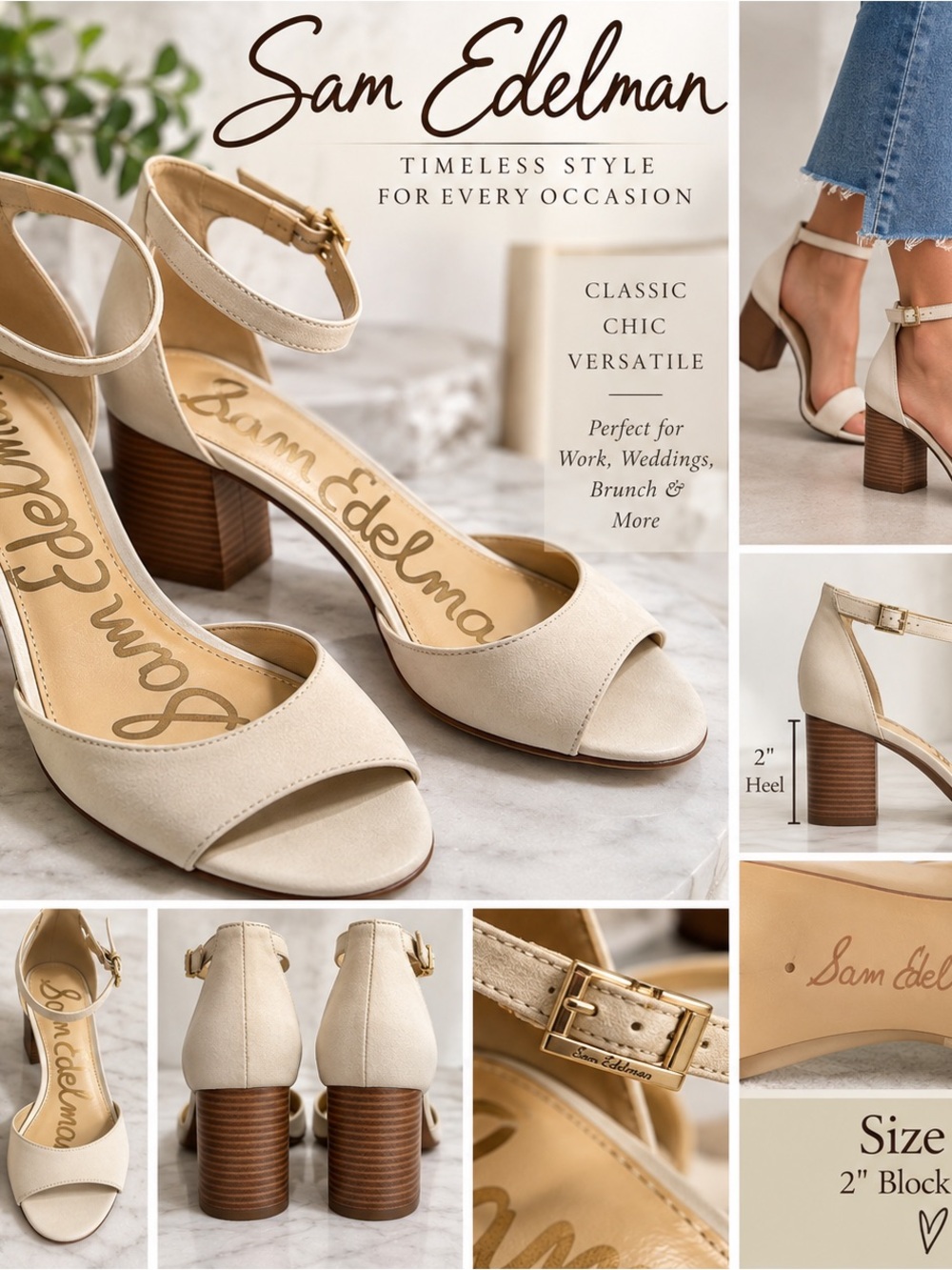 Sam Edelman Ivory Cream Ankle Strap Block Heel Sandals Size 9